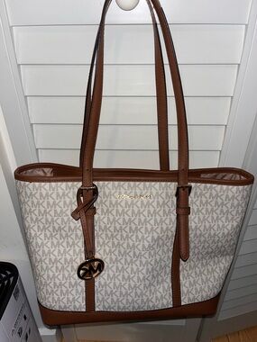 Michael Kors Cream Logo Canvas Tote with Brown Trim